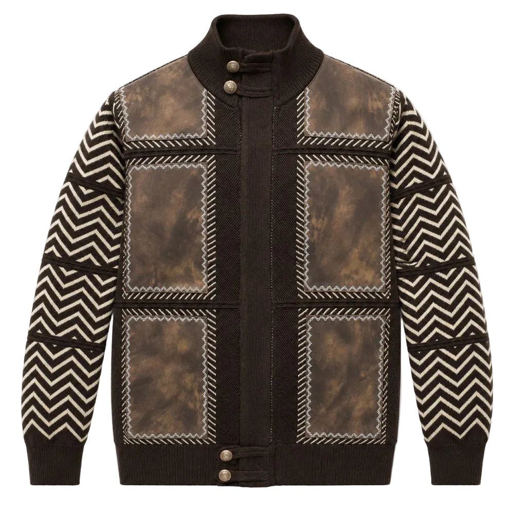 Brown Suede Patch Zig Zag Full Zip Sweater