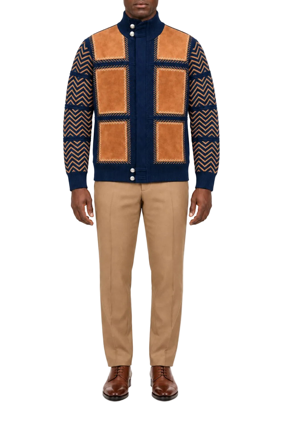 Vue complète du pull homme bleu marine à col montant et zip intégral avec empiècements en suède et motif zigzag