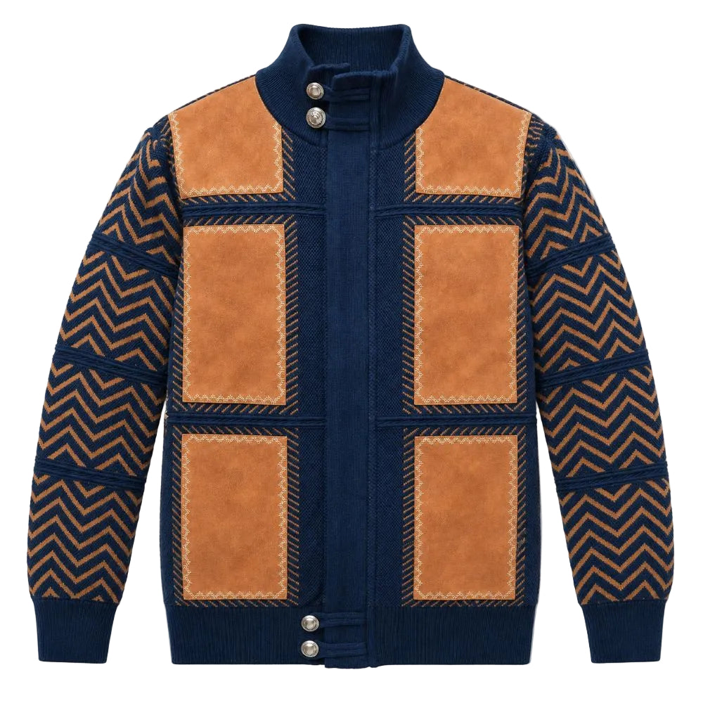 Navy Suede Patch Zig Zag Full Zip Sweater