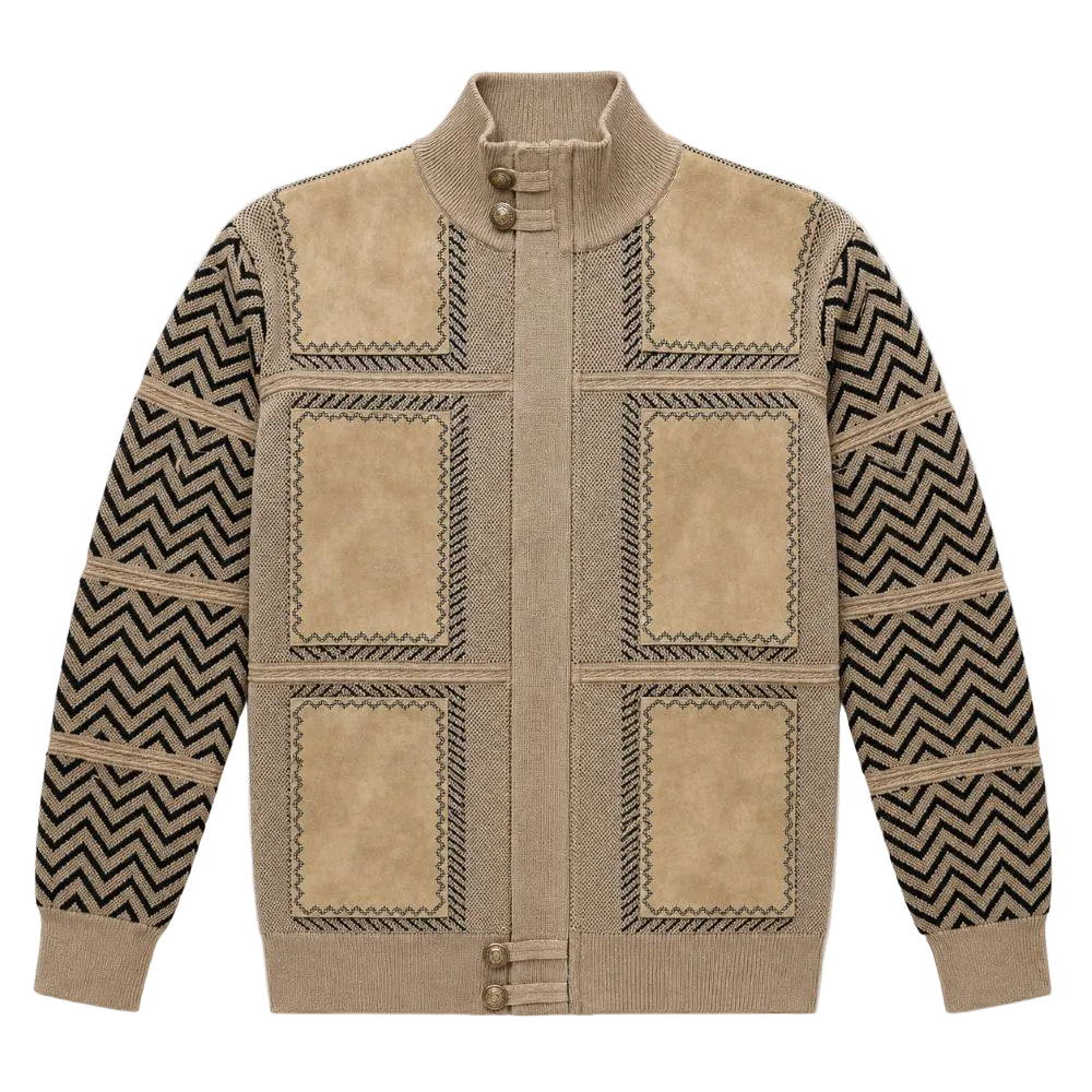 Taupe Suede Patch Zig Zag Full Zip Sweater