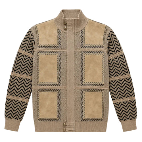 Suéter taupe para hombre de cuello alto simulado y cremallera completa con parches de gamuza y diseño zigzag