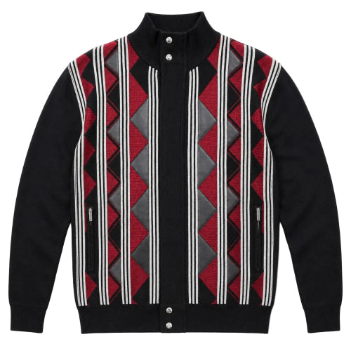 Pull homme noir et rouge à col montant et zip intégral avec motif losanges et détails en suède