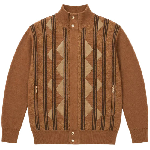 Pull homme marron à col montant et zip intégral avec motif losanges et détails en suède