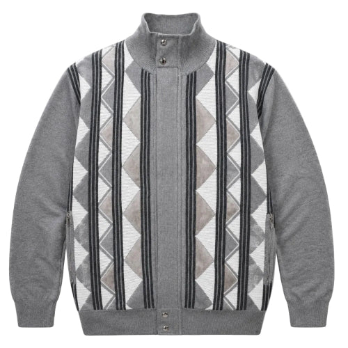 Pull homme gris à col montant et zip intégral avec motif losanges et détails en suède