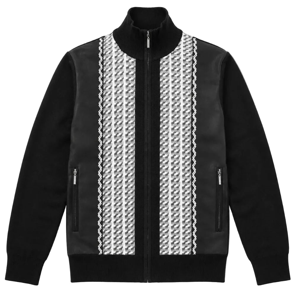 Black Jacquard Suede Front Zip Sweater