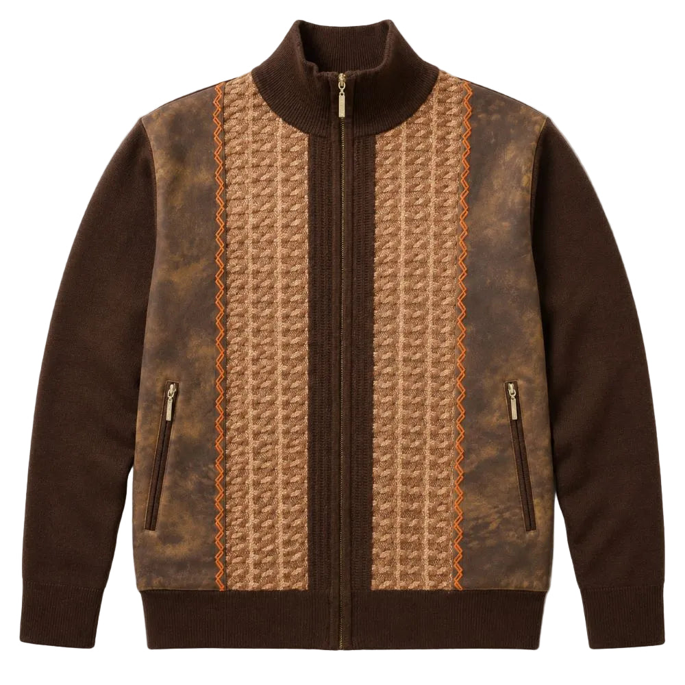 Brown Jacquard Suede Front Zip Sweater