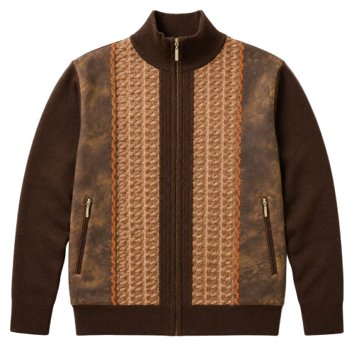 Brown men's mock-neck full-zip jacquard sweater with suede accents