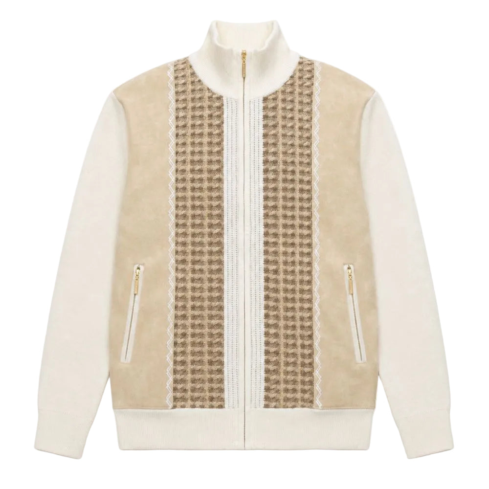 Cream Jacquard Suede Front Zip Sweater