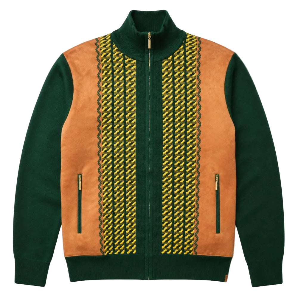 Green Jacquard Suede Front Zip Sweater