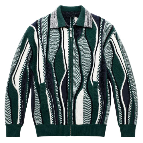 Green men's wool-blend full-zip sweater with standard collar and abstract wave pattern