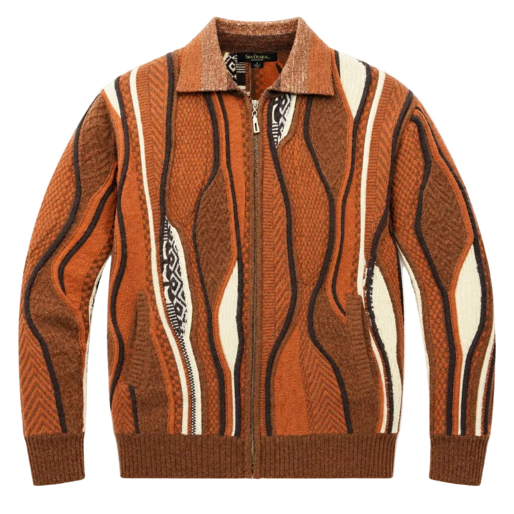 Men’s Abstract Wave Pattern Full-Zip Sweater - Rust