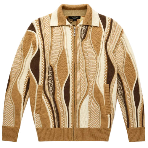 Tan men's wool-blend full-zip sweater with standard collar and abstract wave pattern