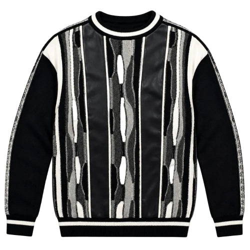 Black men's mixed-knit crewneck sweater with vertical stripes and textured finish