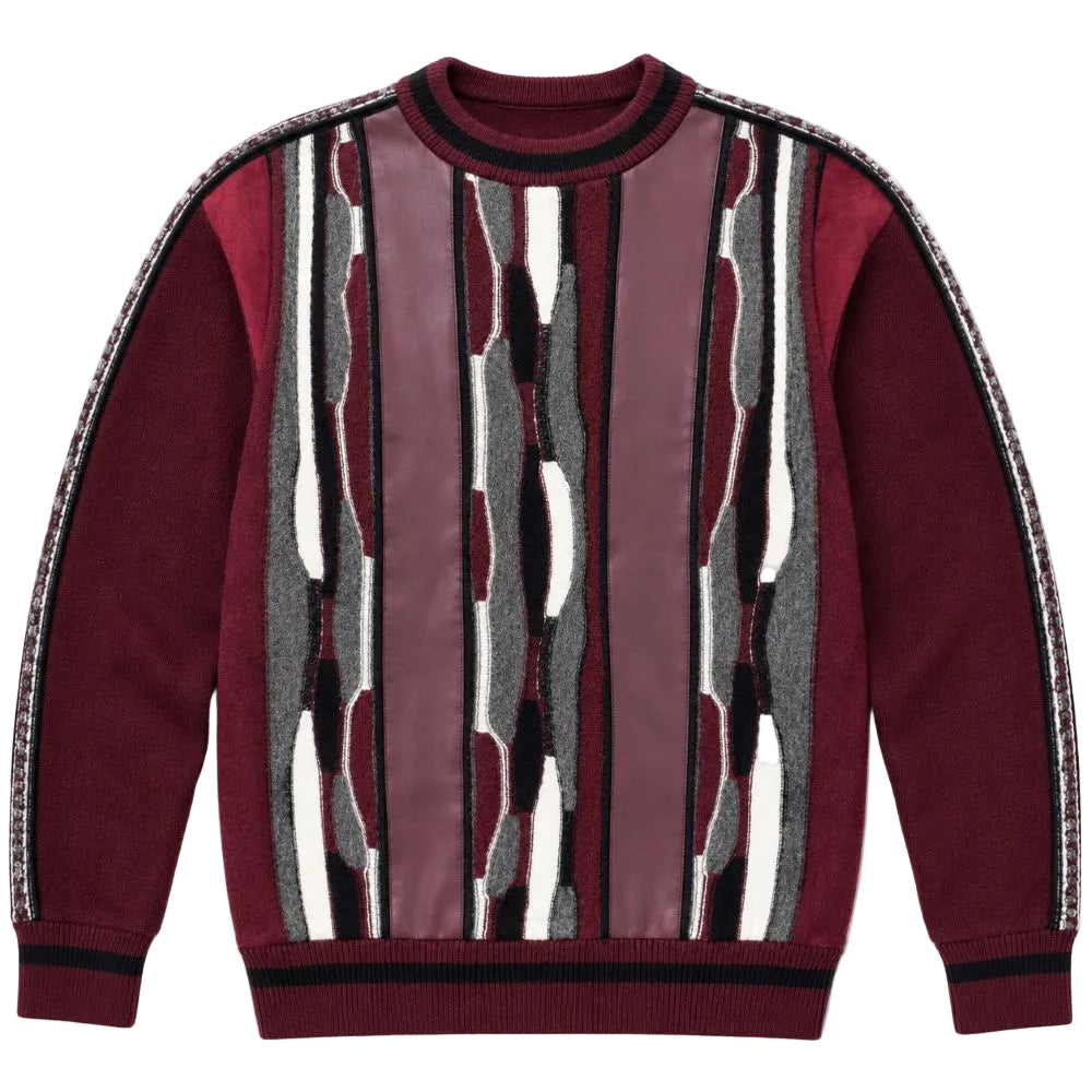 Stacy Adams - Wine Vertical Striped Mixed-Knit Crewneck Sweater
