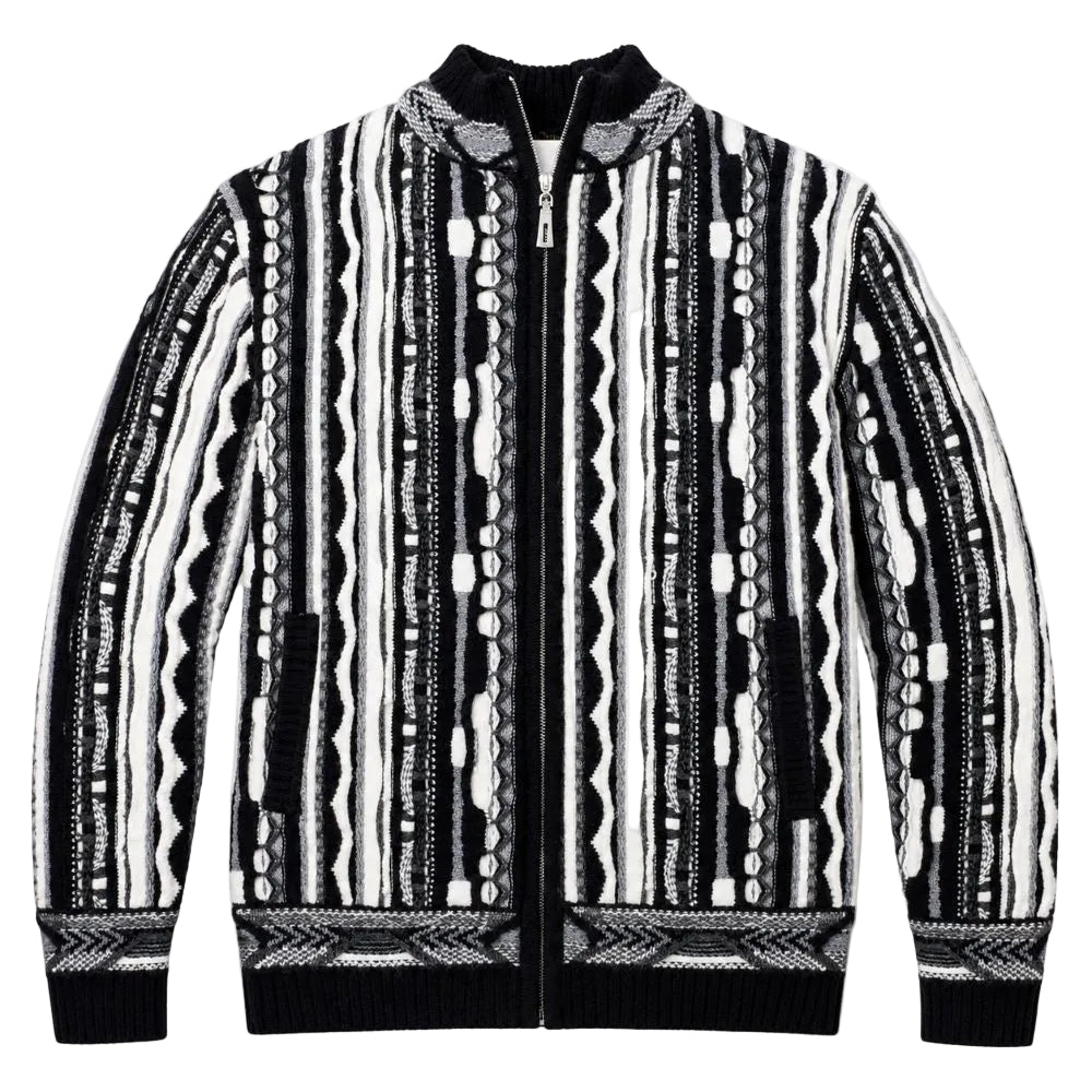 Mock Neck Full-Zip Sweater - Black/White