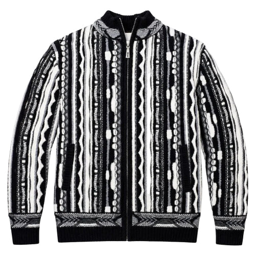Pull homme noir et blanc à col montant et zip intégral avec texture verticale