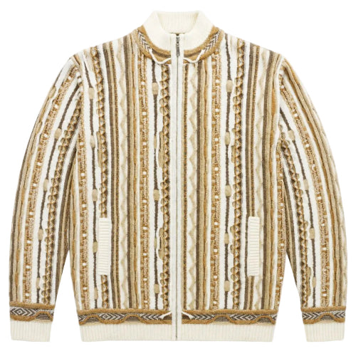 Pull homme crème à col montant et zip intégral avec motif texturé vertical