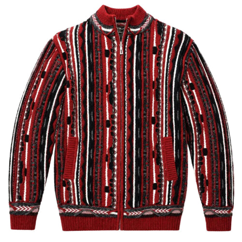 Pull homme rouge à col montant et zip intégral avec motif texturé vertical