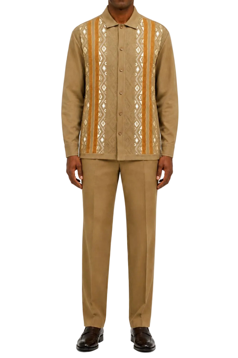 Men’s Geometric Jacquard Long-Sleeve Walking Suit Set - Taupe