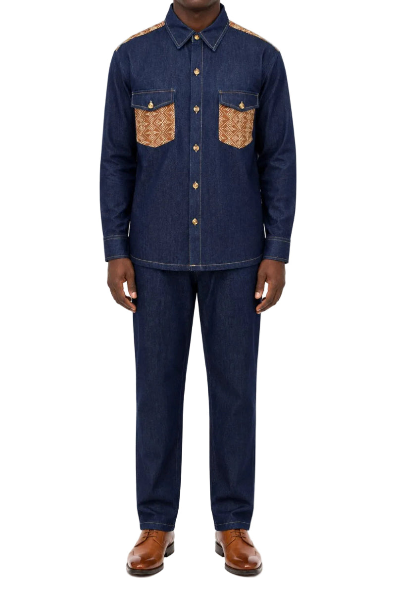 Indigo cotton blend geometric accent long sleeve men's walking suit