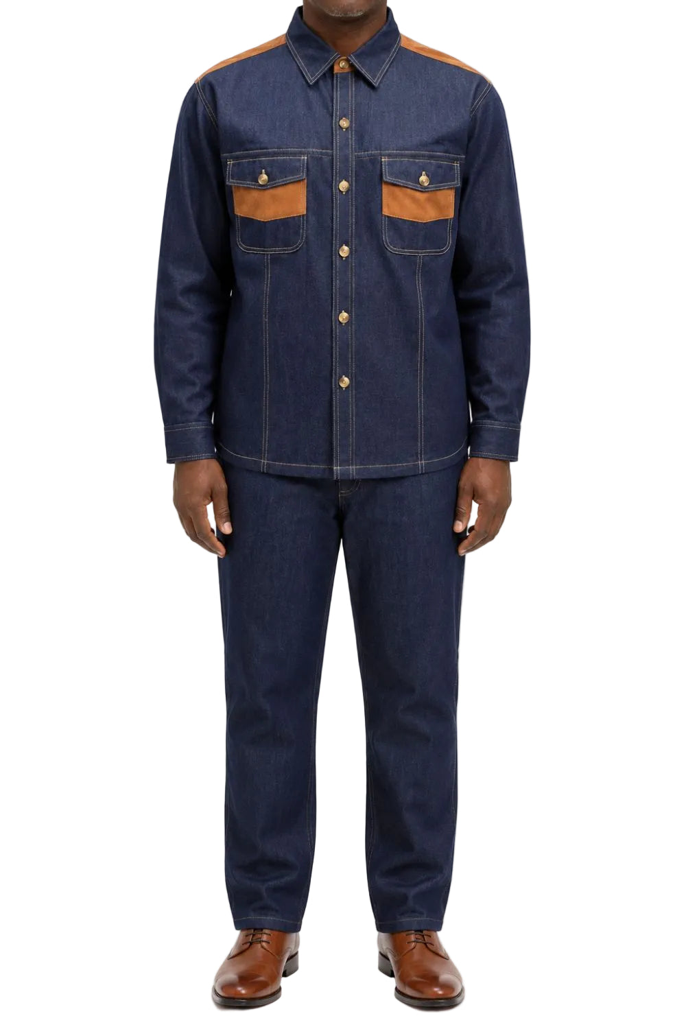 Stacy Adams - Men’s Indigo Cotton Blend Tan Contrast Panel Long Sleeve Walking Suit Set
