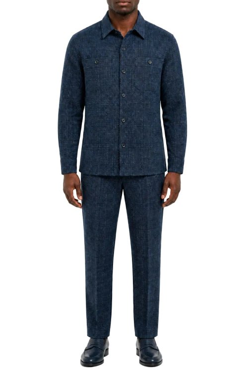 Navy men's two piece textured pattern long sleeve walking suit set
