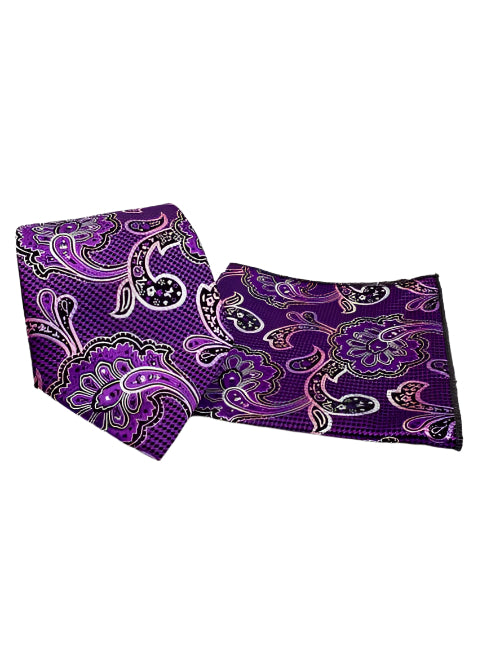 Purple Paisley Pattern Men's Tie and Pocket Square Set
