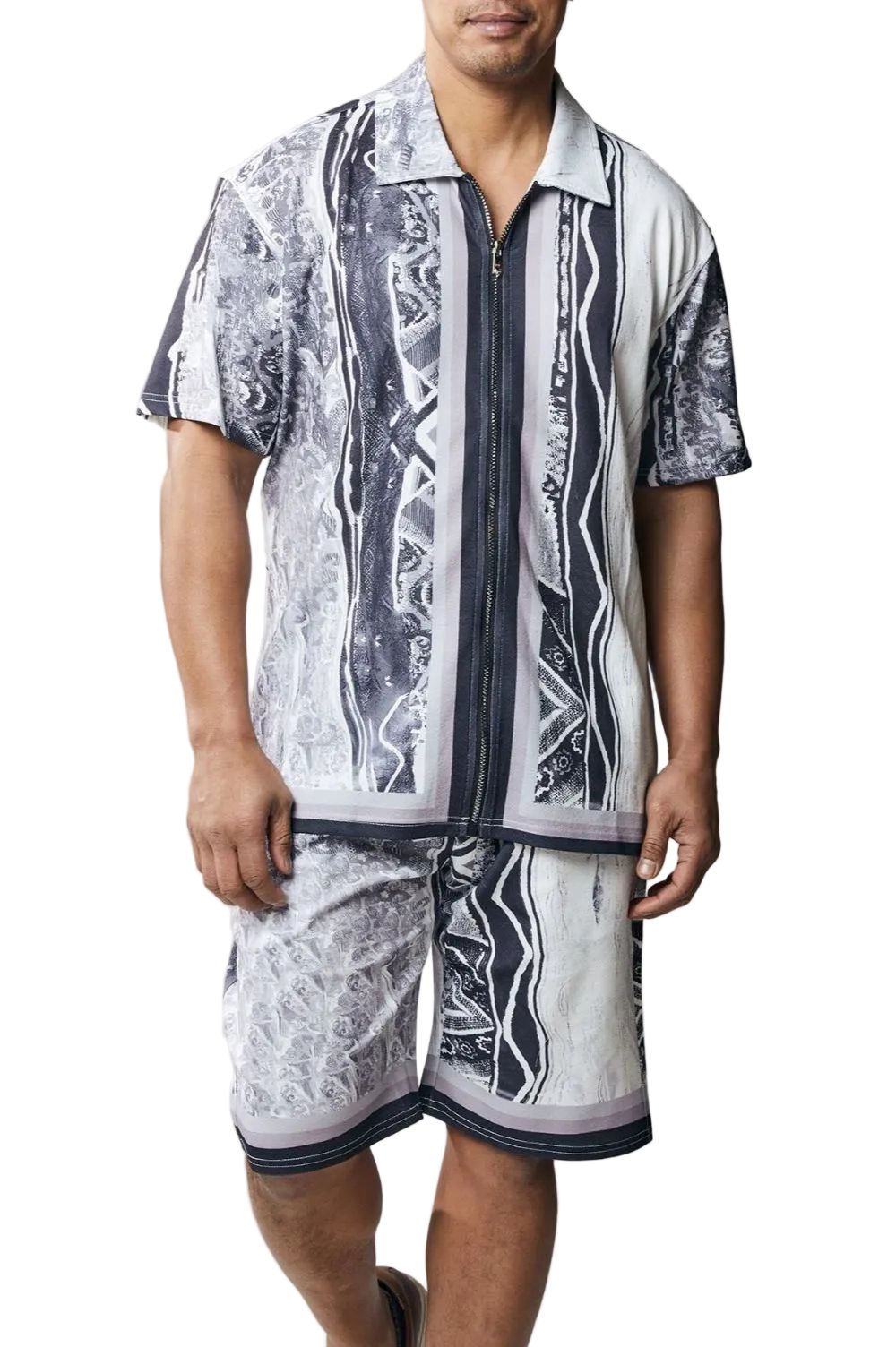 Stacy Adams - Men's Black Full Zip Walking Suit with Multi Color Shorts Set