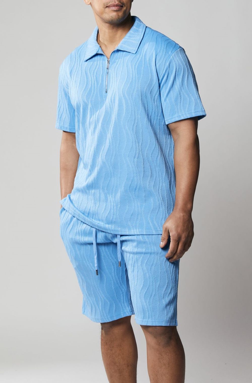 Stacy Adams - Men's Powder Blue Jacquard Zip Polo Short Set