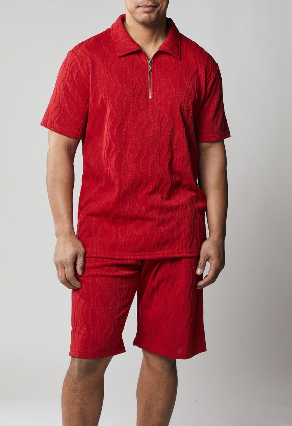 Stacy Adams - Men's Red Jacquard Zip Polo Short Set