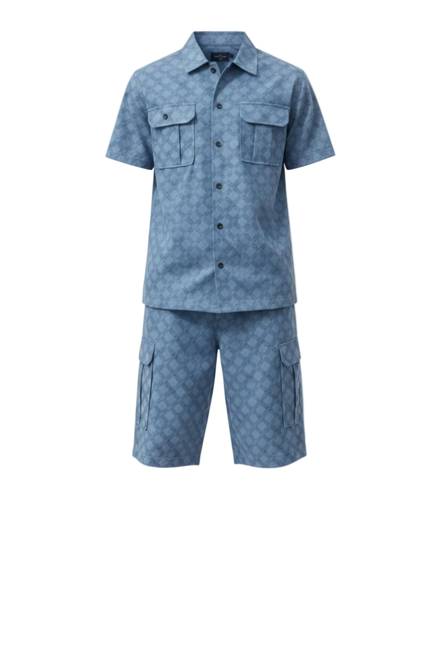 Blue patterned shirt and shorts set on a white background