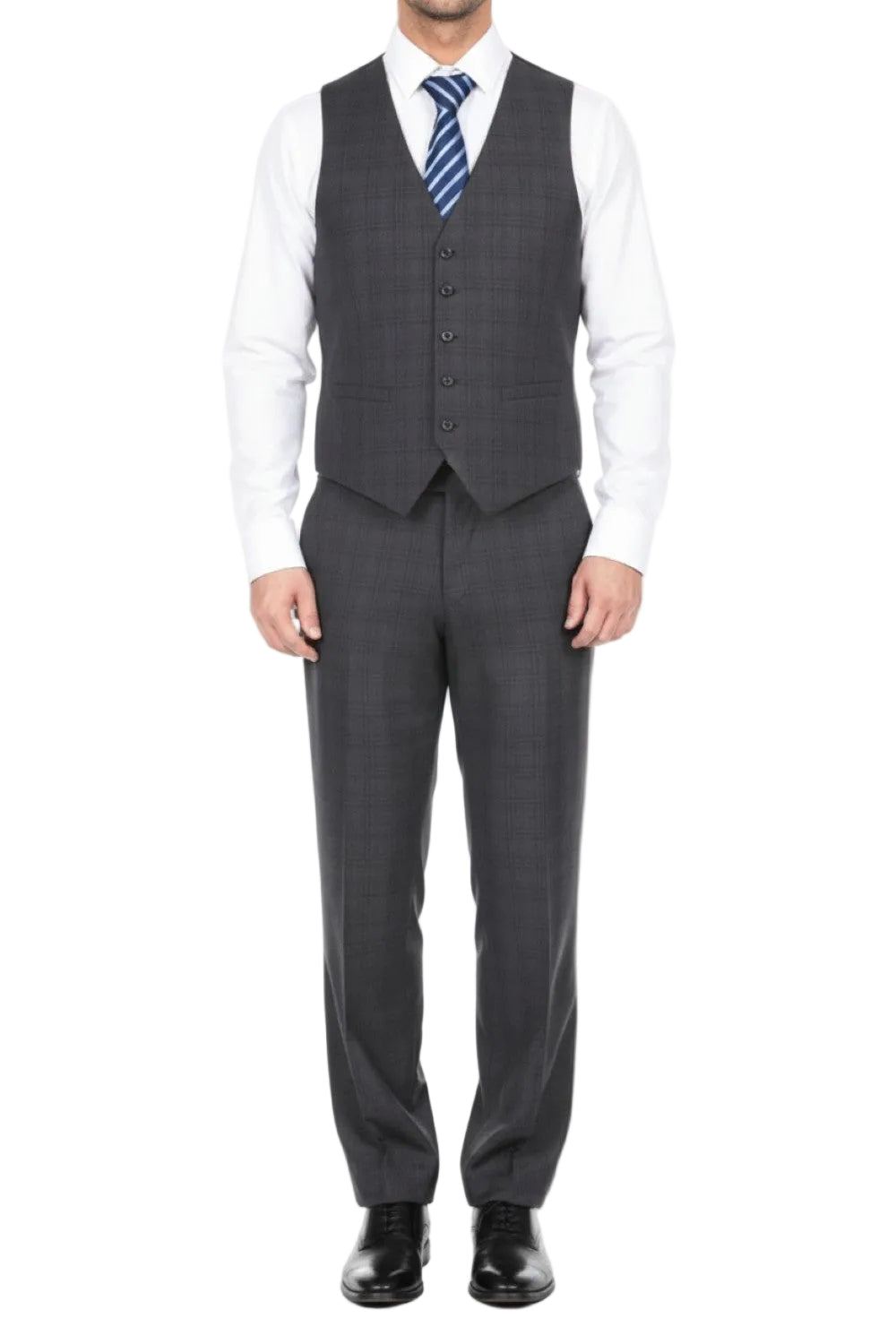 Gray vest with a white shirt and blue tie on a white background