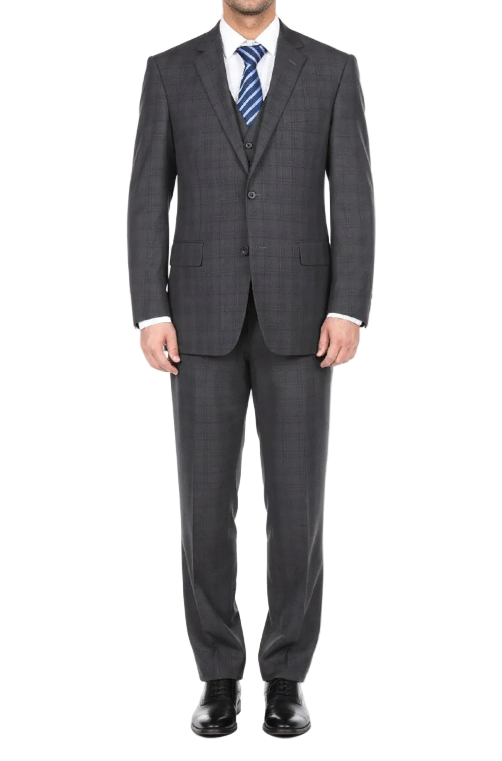 Gray checkered suit with a striped tie on a white background