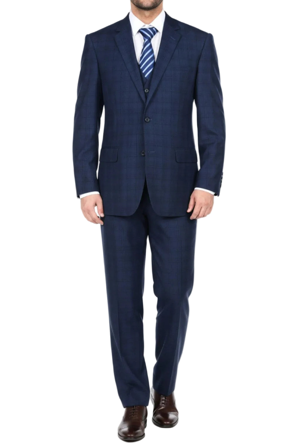 Navy blue suit with a striped tie on a white background