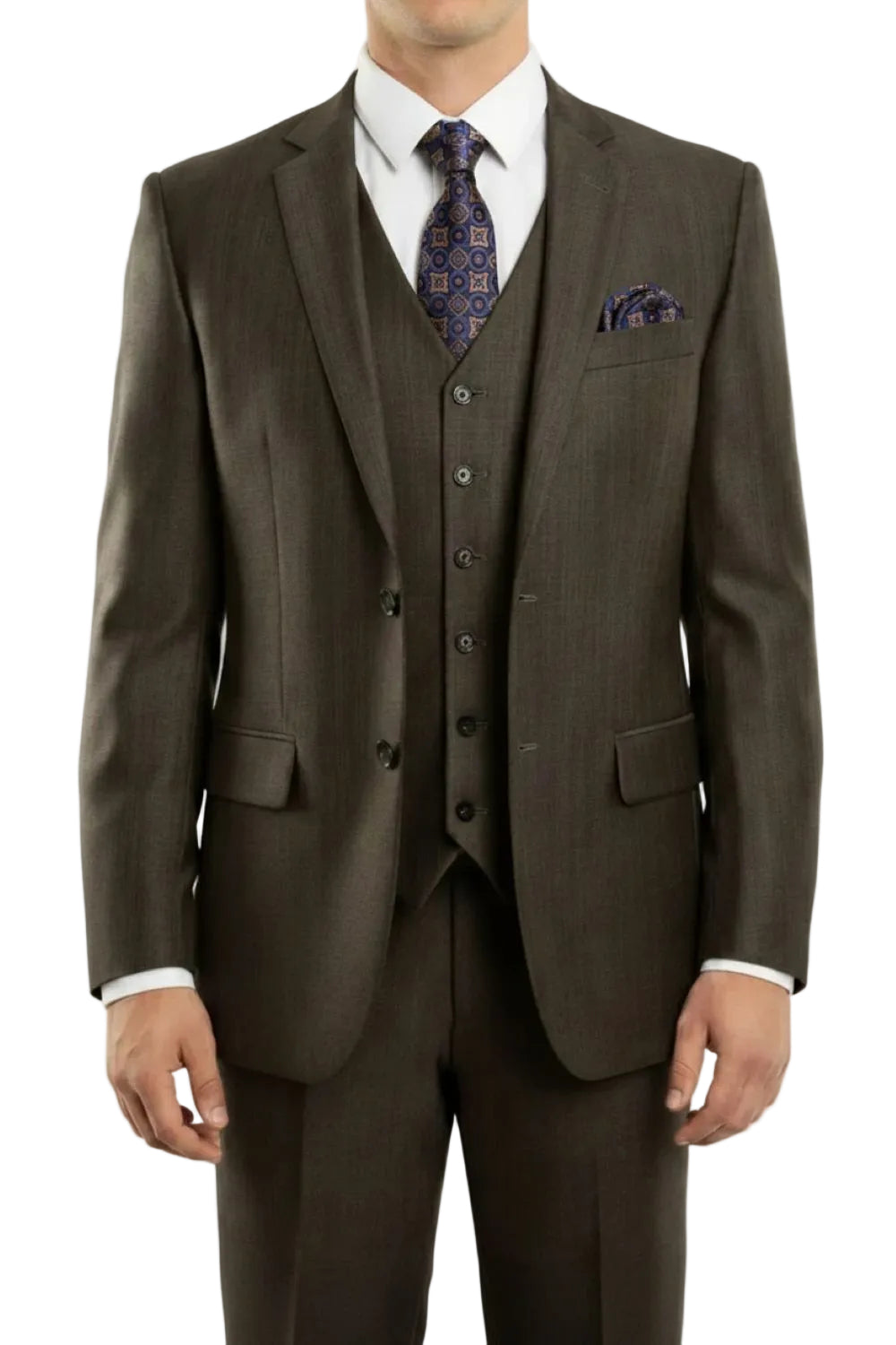 Brown suit with a white shirt, patterned tie, and pocket square on a white background