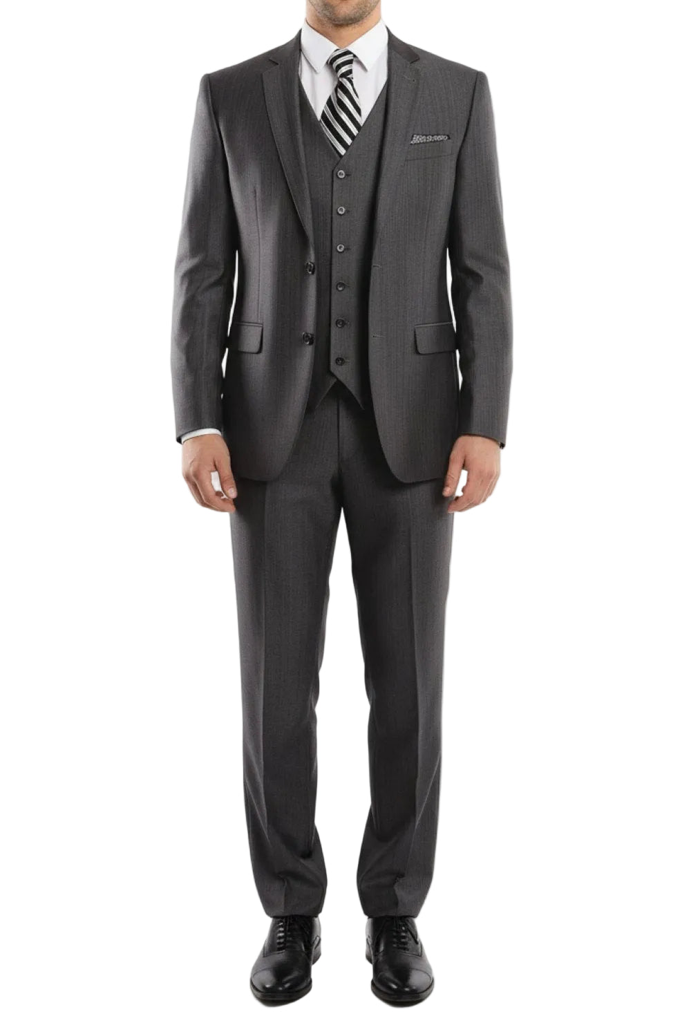 Gray suit with vest and striped tie on a white background