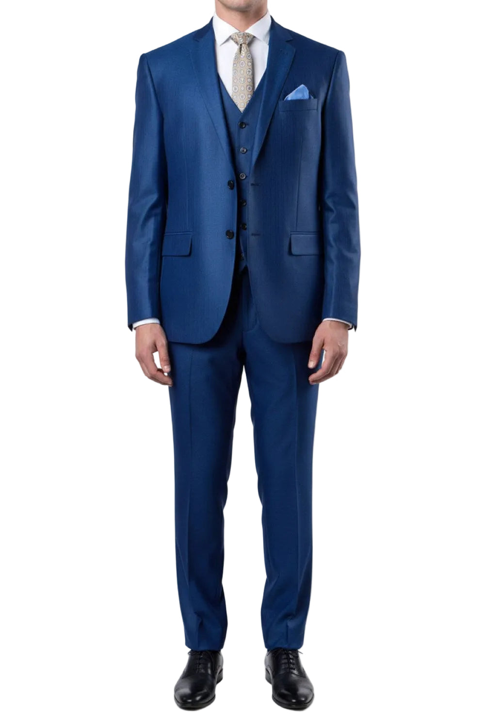 Blue suit with a white shirt and tie on a white background