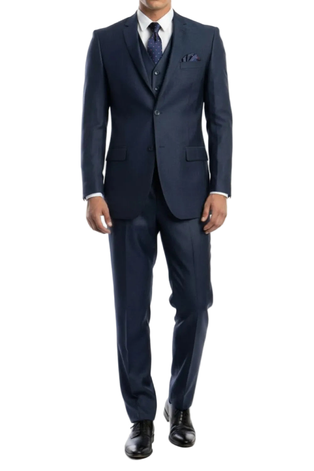 Navy blue suit with a white shirt and black shoes on a white background