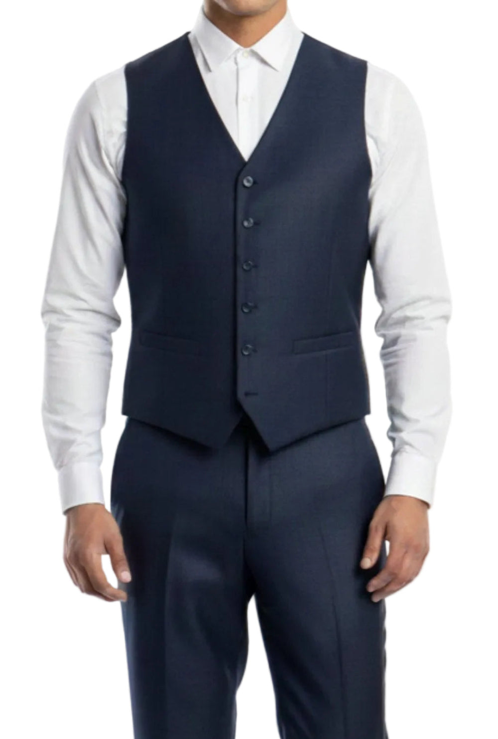 Navy blue men's modern fit suit vest over white dress shirt