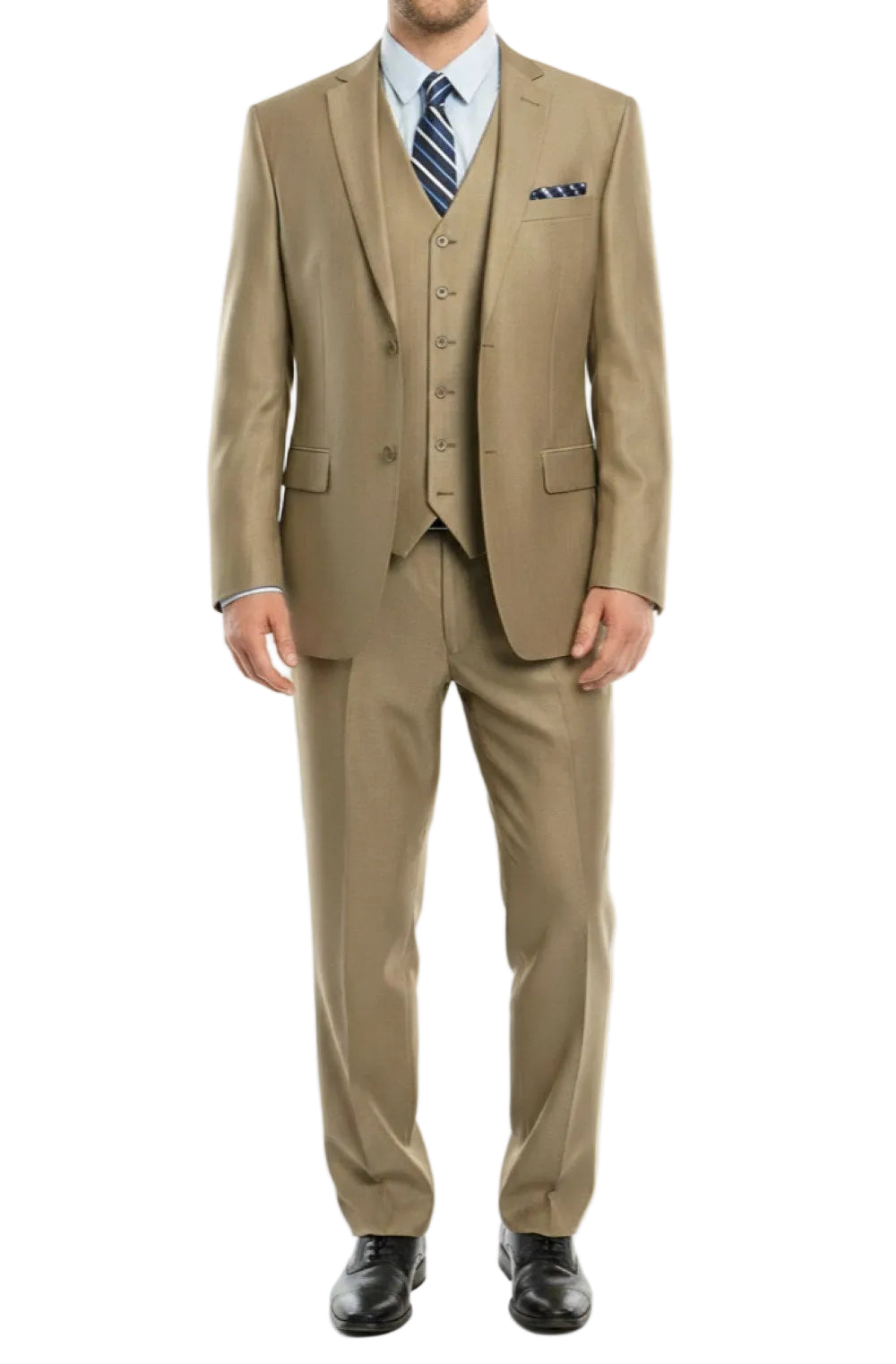 Beige suit with vest and tie on a white background