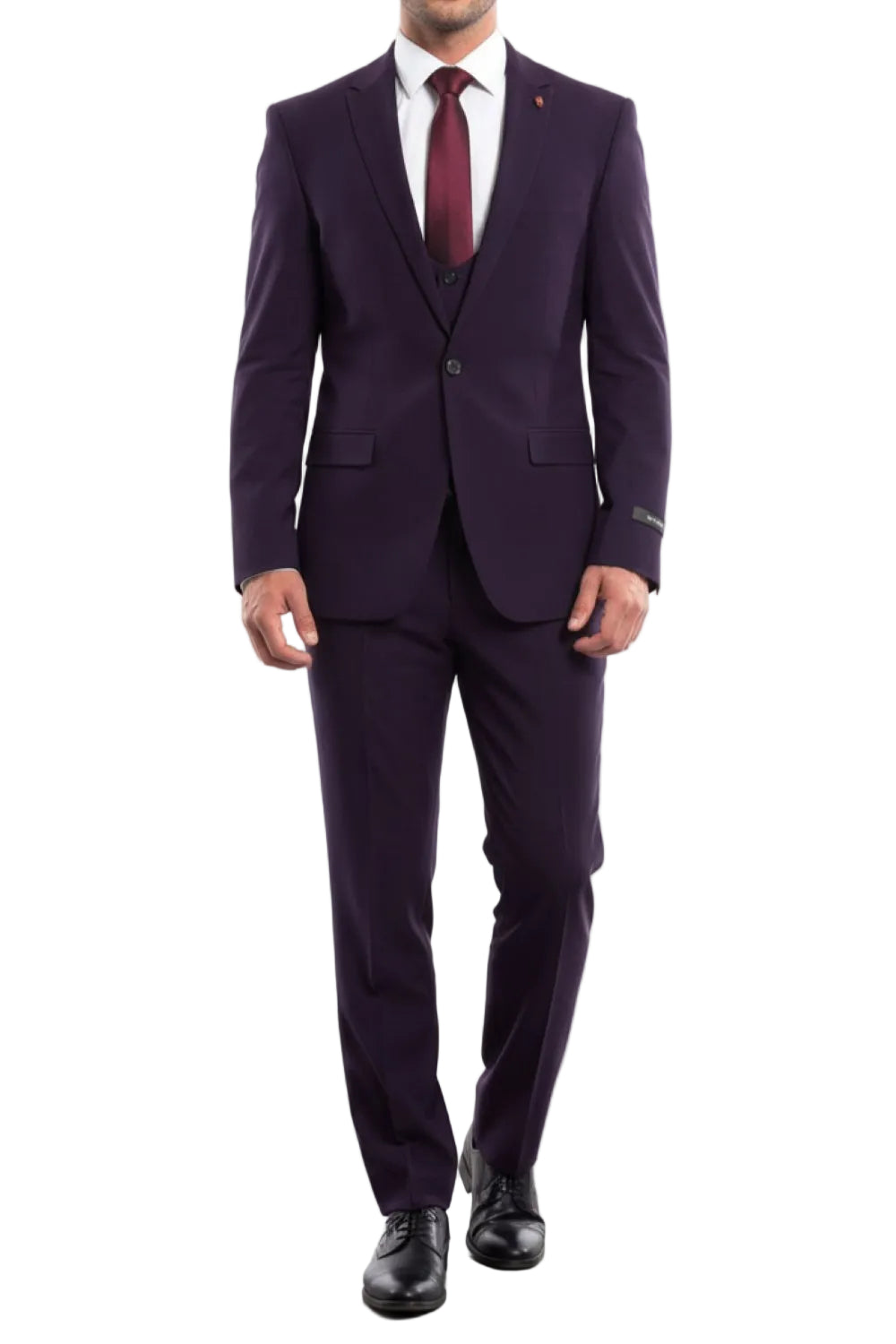 Man wearing a dark purple suit with a red tie on a white background