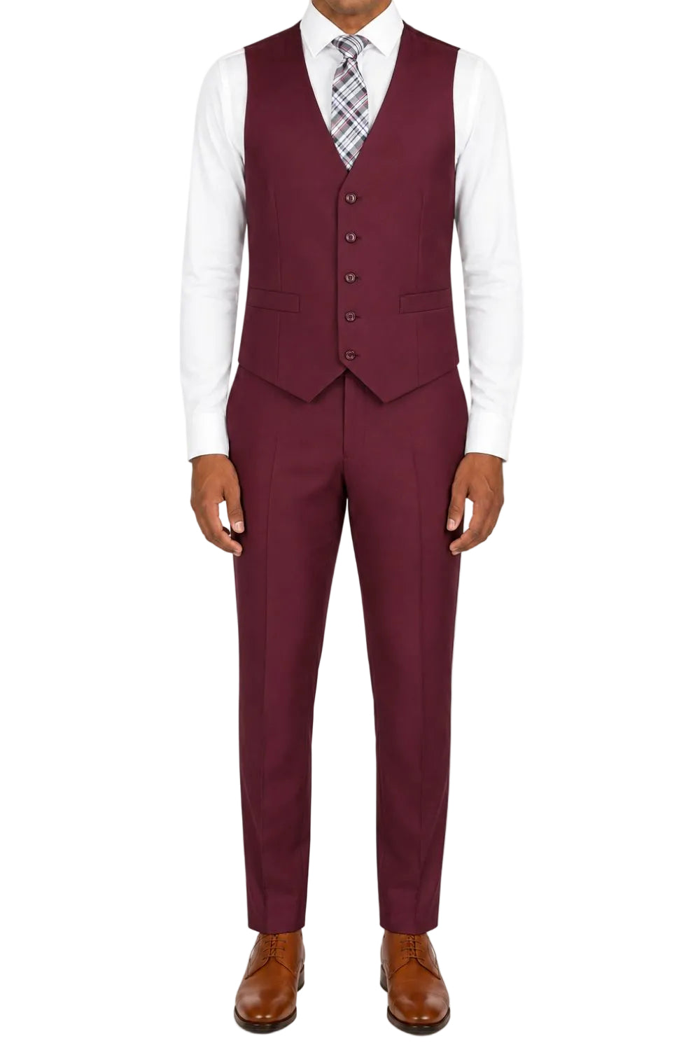 A man wearing a three-piece burgundy suit with a white dress shirt, a patterned tie, and brown leather dress shoes, shown against a plain white background.