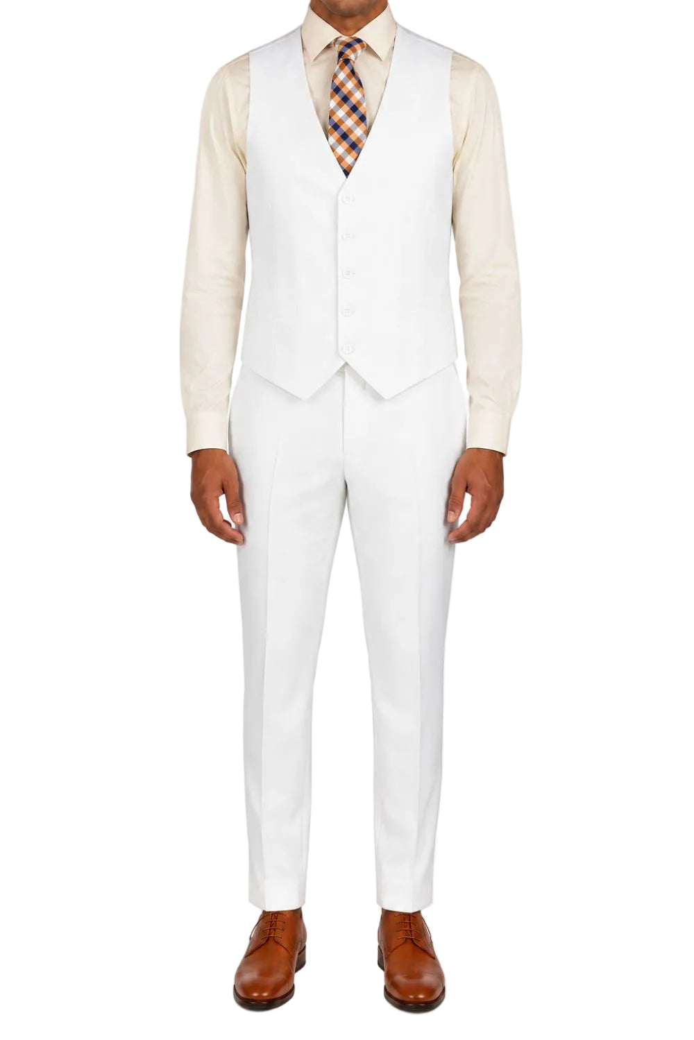 A man wearing a white three-piece suit with a white vest and matching trousers, paired with a cream dress shirt, a patterned orange and blue tie, and brown leather dress shoes, photographed against a plain white background.