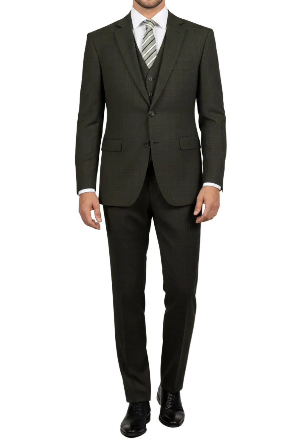 Olive green suit with a white shirt and tie on a white background