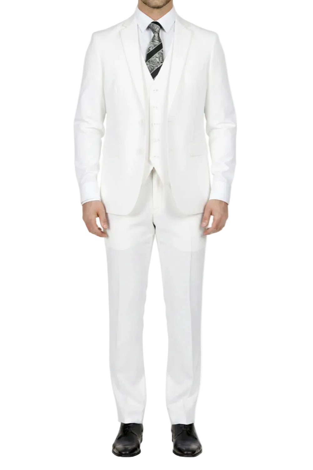 White suit with a patterned tie on a white background