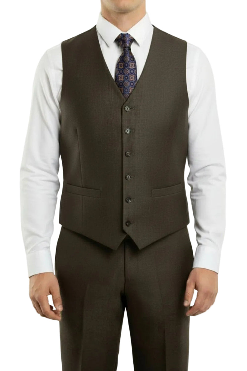 Charcoal brown men's modern fit suit vest over white shirt with patterned tie