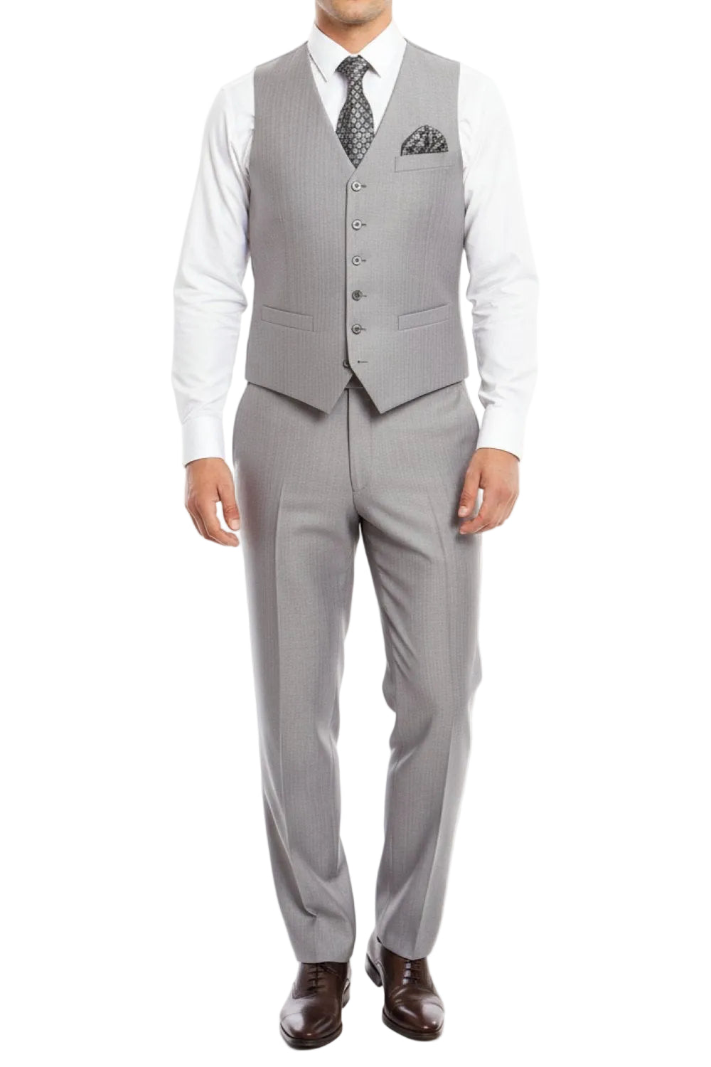 Light gray suit with vest and white shirt on a white background