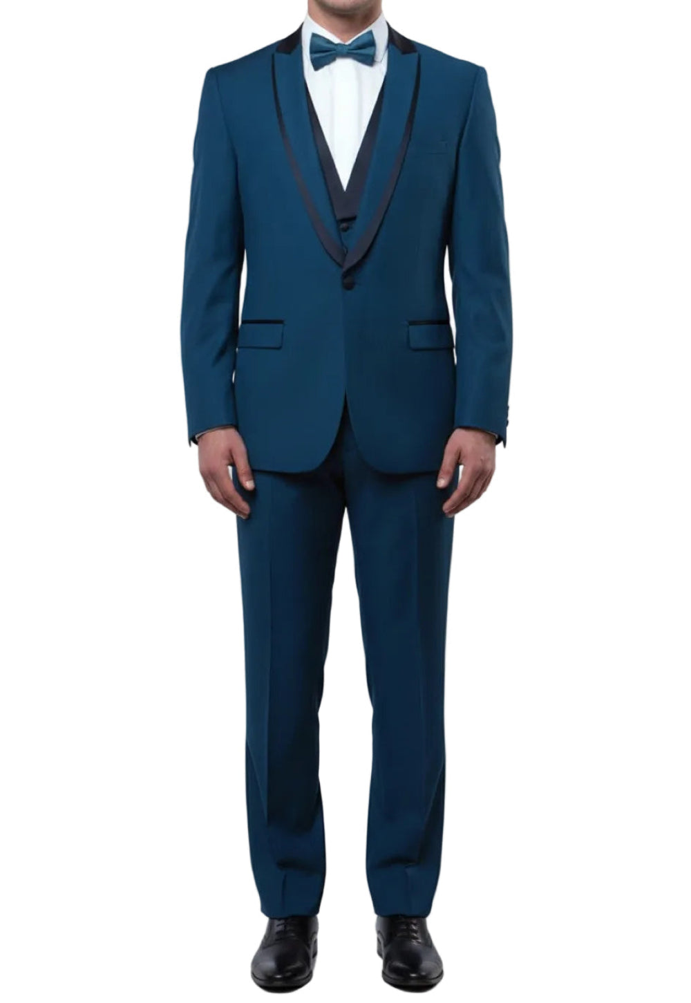 Blue slim fit 3 piece shawl lapel tuxedo jacket with bow tie