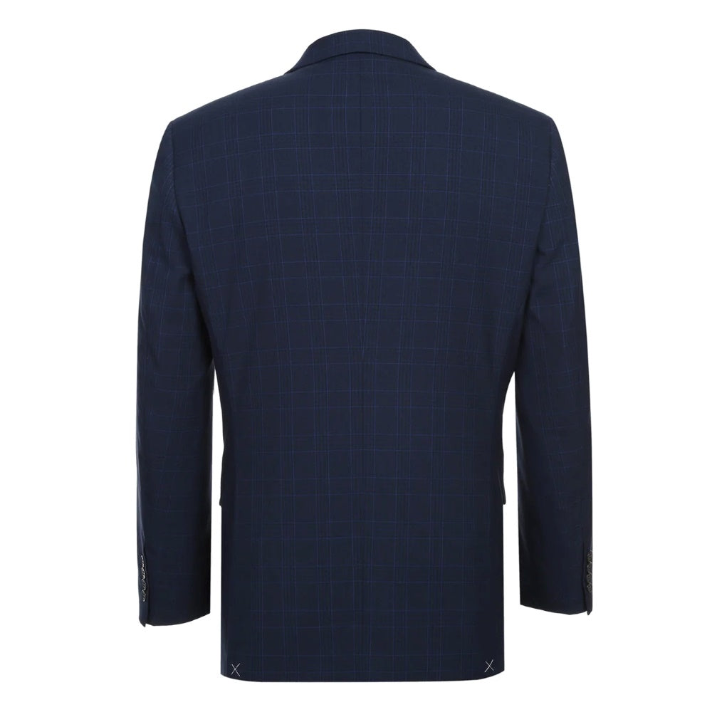 Finely tailored Renoir Lozano Collection men's regular fit 2-piece navy blue check suit.