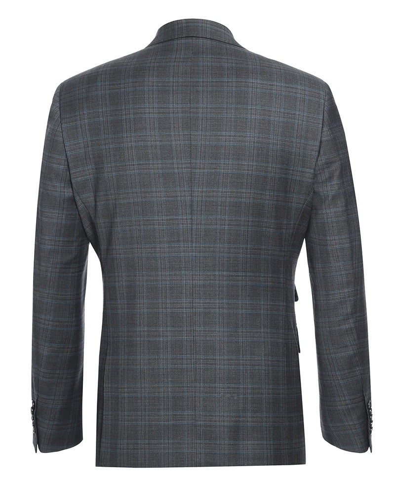 Close-up of the gray plaid collar on the English Laundry 2-Piece Wool Blend Slim Fit Dress Suit jacket.